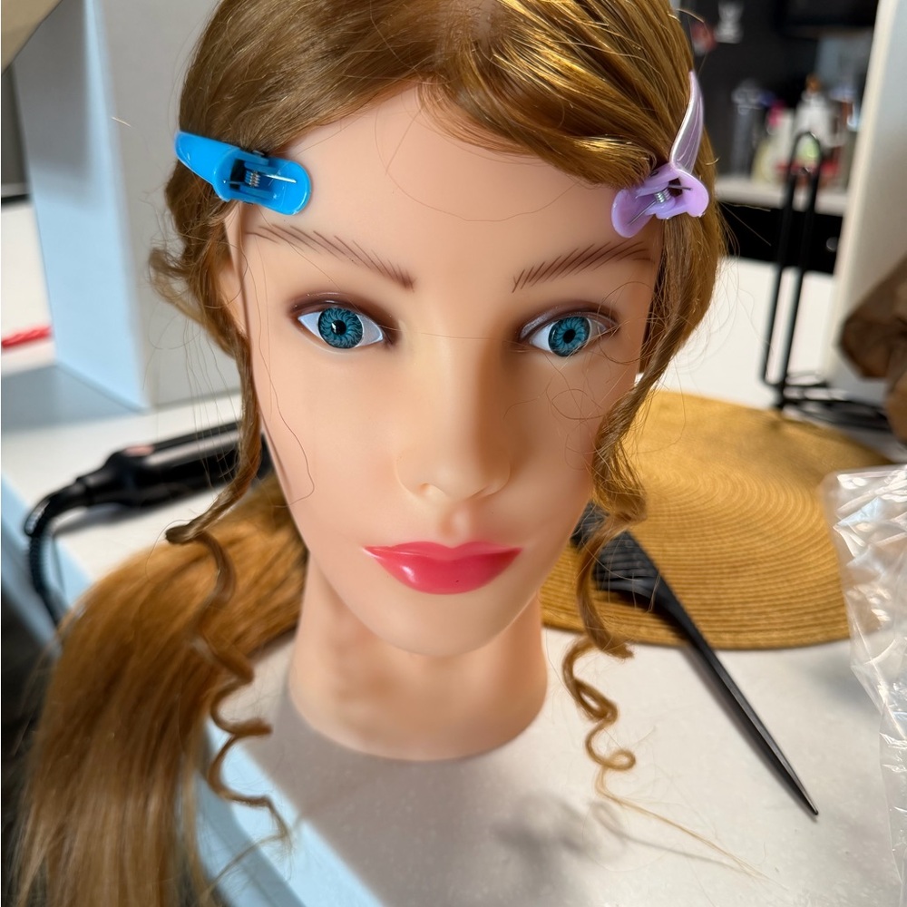 Mannequin Head with Blue and Purple Hair Clips